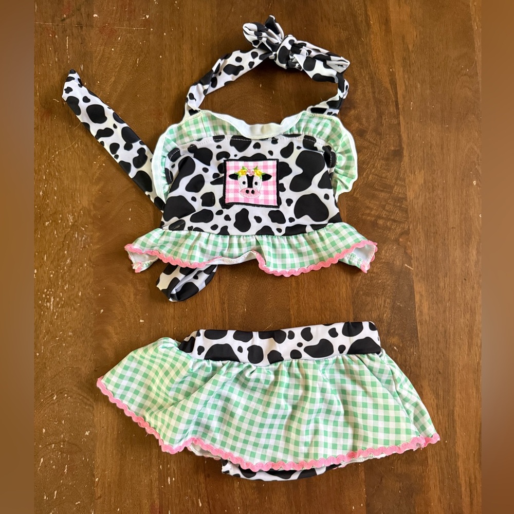 Charming Cow Print and Green Checkered Kids Bikini